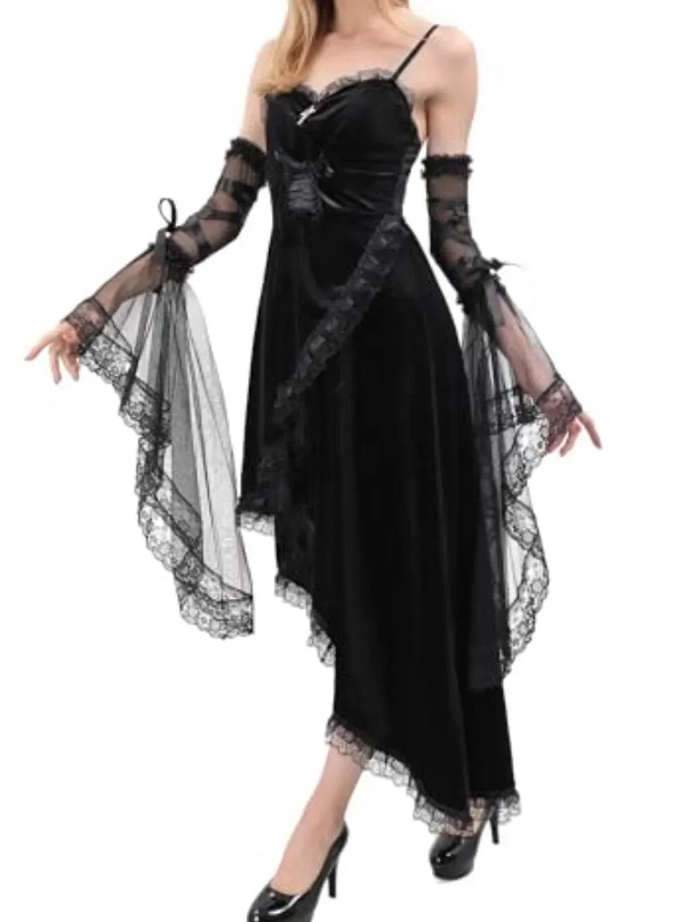 Gothic Black Lace Gloves Women Victorian Tulle Chiffon Detachable Sleeves Witch